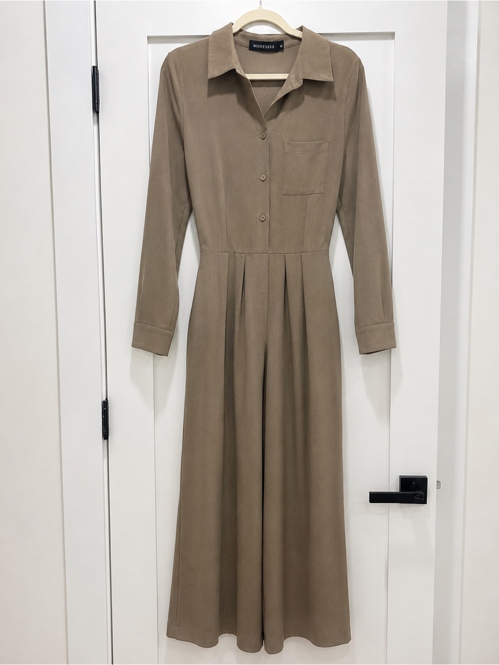 Modesees Taupe Long Sleeve Romper with Belt
